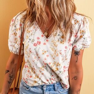 B126 Beige Boho Floral Lace Trim Short Sleeve Blouse